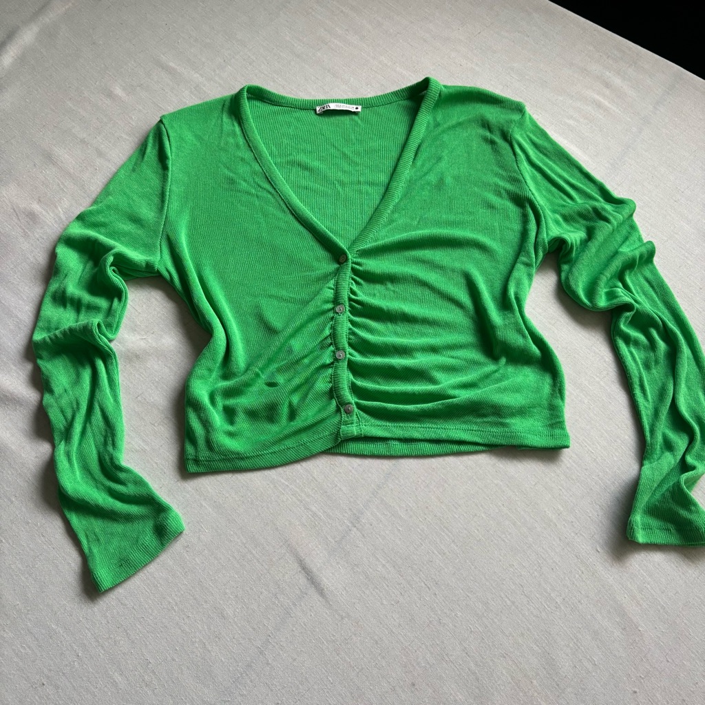 Zara Green Cropped Cardigan Women’s S Ruched Button Long Sleeve
